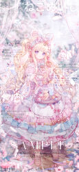 1girl absurdres animal_ears apron barcode bear_ears blonde_hair blue_bow blue_bowtie blue_hairband blue_sky blunt_bangs boqing_xiao_guafu bow bow_legwear bowtie candy_hair_ornament chinese_commentary cinnamoroll closed_mouth collared_dress commentary_request commission cup cupcake curtains dated day donut dress eyelashes fake_animal_ears floating floating_object flower food food-themed_clothes food-themed_hair_ornament frilled_anklet frilled_apron frilled_dress frilled_hairband frilled_sleeves frills full_body fuwa_fuwa_cinnamoroll hair_bow hair_ornament hairband hairclip happy highres holding holding_cup holding_food layered_sleeves light_blush lipstick lolita_fashion lolita_hairband long_dress long_hair long_sidelocks long_sleeves looking_at_viewer lop_rabbit_ears macaron makeup multiple_hair_bows nail_polish original outdoors pink_bow pink_dress pink_flower pink_lips pink_nails pink_shoes purple_eyes rabbit rabbit_ears sample_watermark sanrio shoes short_over_long_sleeves short_sleeves sidelocks sky smile socks solo sparkle spilling spring_(season) standing sweet_lolita tareme teacup too_many_watermarks two_side_up very_long_hair waist_apron waist_bow watermark wavy_hair white_apron white_sleeves white_socks wide_sleeves