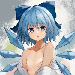1girl blue_bow blue_eyes blue_hair bow breasts chunjiu cirno clothes_pull dress_pull hair_bow ice ice_wings loli looking_at_viewer nipples parted_lips short_hair small_breasts solo touhou upper_body wings