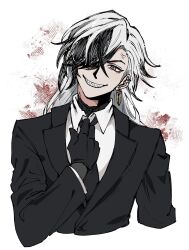 1boy adjusting_clothes adjusting_necktie alternate_costume anger_vein arm_up black_gloves black_hair black_jacket black_necktie boothill_(honkai:_star_rail) collared_shirt cropped_arm cropped_torso crossed_bangs ear_piercing earrings formal_clothes gloves grey_eyes grin hair_over_one_eye head_tilt highres honkai:_star_rail honkai_(series) jacket jewelry lapels layered_sleeves long_hair long_sleeves looking_to_the_side male_focus multicolored_hair necktie one_eye_covered parted_bangs piercing sharp_teeth shirt sideways_glance smile solo suit_jacket teeth white_background white_hair white_shirt wing_collar xo_5ss