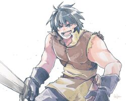 1boy black_gloves black_hair black_pants fighting_stance gensou_suikoden gloves grey_eyes hair_between_eyes holding holding_sword holding_weapon leather_vest looking_at_viewer male_focus medium_hair michibata_65 muscular muscular_male open_mouth pants robe smile solo sword torn_clothes torn_sleeves viktor_(suikoden) weapon white_background yellow_robe