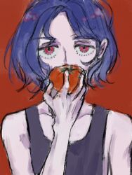 1boy blue_hair commentary_request eating food fruit gundam gundam_gquuuuuux highres holding holding_food holding_fruit junmo520 looking_at_viewer lower_eyelashes_only male_focus red_background red_eyes short_hair shuji_ito simple_background sleeveless solo tank_top tomato