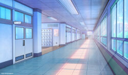 3d absurdres door glass hallway highres indoors nikki_(series) no_humans original scenery school shining_nikki sidelighting sitai_xiii window