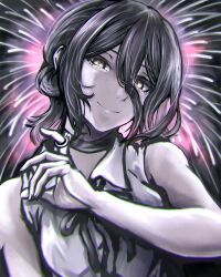 Rule 34 | 1girl, aerial fireworks, black choker, black hair, chainsaw man, choker, closed mouth, collared shirt, fireworks, grenade pin, hair between eyes, highres, medium hair, reze (chainsaw man), shirt, sleeveless, sleeveless shirt, smile, solo, tsukihi shida, white shirt, yellow eyes