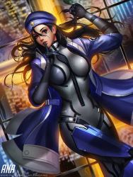 1girl aged_down ana_(overwatch) black_hair blue_hat breasts brown_eyes captain_amari character_name dark-skinned_female dark_skin female_focus finger_to_mouth hat index_finger_raised large_breasts liang_xing long_hair looking_at_viewer overwatch overwatch_1 parted_lips patreon_username solo watermark web_address