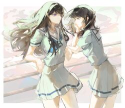 2girls against_railing bang_dream! bang_dream!_it&#039;s_mygo!!!!! black_hair blue_eyes blue_neckerchief blue_shirt border closed_mouth commentary floating_hair hanasakigawa_school_uniform highres long_hair medium_hair multiple_girls neckerchief outside_border purple_eyes railing sailor_collar school_uniform serafuku shiina_taki shirt skirt undersuito50673 white_border white_sailor_collar white_skirt yahata_umiri
