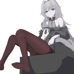 1girl breasts brown_pantyhose closed_mouth commentary english_commentary erdos_helia grey_eyes grey_hair grey_jacket grey_shirt highres honkai_(series) honkai_impact_3rd jacket large_breasts looking_at_viewer navel no_shoes pale_skin pantyhose samate shirt simple_background sitting soles solo stomach toes white_background
