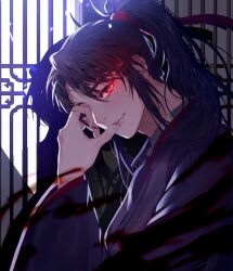 Rule 34 | 1boy, absurdres, black hair, black hanfu, black smoke, chinese clothes, closed mouth, from side, full moon, glowing, glowing eye, hair between eyes, hair ribbon, hand on own face, hand up, hanfu, high ponytail, highres, indoors, jujeop, korean commentary, lattice, long hair, long sleeves, looking at viewer, male focus, modao zushi, moon, night, one eye covered, parted lips, ponytail, red eyes, red ribbon, ribbon, robe, shade, shadow, sidelocks, silhouette, smile, solo, upper body, wei wuxian, wide sleeves, window