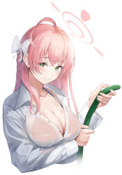 1girl ahoge bikini bikini_under_clothes blue_archive bow braid breasts cleavage closed_mouth commentary_request green_eyes hair_bow halo hanako_(blue_archive) hanako_(swimsuit)_(blue_archive) holding holding_hose hose large_breasts long_sleeves looking_at_viewer official_alternate_costume pink_hair pink_halo red_bikini see-through_clothes shirt simple_background single_braid smile solo swimsuit tou_(xhru5285) upper_body wet wet_clothes wet_shirt white_background white_bow white_shirt