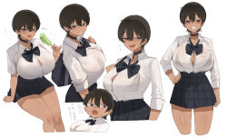 1girl absurdres bare_legs black_bow black_bowtie black_bra black_choker black_hair black_skirt bow bowtie bra bra_visible_through_clothes button_gap choker cropped_legs dress_shirt food grin gurenola highres holding holding_food holding_popsicle invisible_chair looking_at_viewer miniskirt multiple_views original plaid_clothes plaid_skirt pleated_skirt popsicle school_uniform shirt short_hair simple_background sitting skirt smile standing tomboy underwear white_background white_shirt