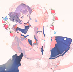 2girls abigail_williams_(fate) abigail_williams_(festival_outfit)_(fate) apron blue_eyes braid closed_mouth commentary crown_braid dated_commentary fate/grand_order fate_(series) flower food fruit hair_flower hair_ornament holding_hands jacket katsushika_hokusai_(fate) katsushika_hokusai_(festival_outfit)_(fate) keyhole light_blush light_smile lolita_fashion maid maid_apron multiple_girls open_mouth purple_hair short_hair short_hair_with_long_locks strawberry white_apron yaku_(ziroken)