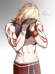 Rule 34 | ..., 1boy, abs, alternate costume, arm tattoo, biceps, black tank top, blonde hair, bracelet, chest tattoo, cowboy shot, facial tattoo, gradient hair, highres, honkai: star rail, honkai (series), jewelry, male focus, multicolored hair, mydei (honkai: star rail), navel, red hair, red shorts, red tattoo, shorts, solo, speech bubble, sweat, tank top, tattoo, yexion123