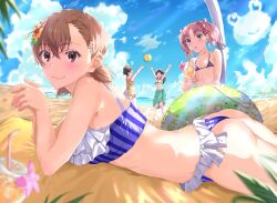 4girls ass asymmetrical_bangs ball beach beachball bikini black_hair blue_sky breasts brown_eyes brown_hair cloud commentary day flower green_sarong hair_flower hair_ornament head_wreath highres innertube long_hair low_twintails lying micro_bikini misaka_mikoto multiple_girls ocean official_alternate_costume official_alternate_hairstyle on_stomach one-piece_swimsuit outdoors purple_bikini sarong saten_ruiko shirai_kuroko short_hair sioo_1029 sky small_breasts swim_ring swimsuit symbol-only_commentary toaru_kagaku_no_railgun toaru_majutsu_no_index toaru_majutsu_no_index:_imaginary_fest twintails uiharu_kazari