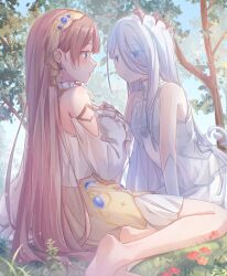 2girls bare_shoulders barefoot blue_eyes blush brown_hair closed_mouth day detached_sleeves dress earrings eye_contact eyes_visible_through_hair feet flower grass hair_ornament highres jewelry long_hair looking_at_another mochizuki_honami multiple_girls outdoors project_sekai sami_kura sitting soles toes tree very_long_hair wariza white_dress white_hair yoisaki_kanade yuri
