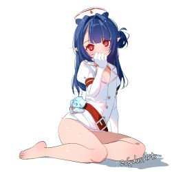 Rule 34 | 1girl, aged down, artist name, bare legs, barefoot, belt, blue hair, blush, commentary, covering own mouth, dizzy dokuro, dress, elbow gloves, english commentary, feet, full body, gloves, hair bun, hand over own mouth, hat, highres, looking at viewer, nurse cap, phase connect, pointy ears, puffy short sleeves, puffy sleeves, red belt, red eyes, short dress, short sleeves, simple background, sitting, skull-shaped pupils, solo, sydus, symbol-shaped pupils, toes, twitter username, virtual youtuber, white background, white dress, white gloves, yokozuwari