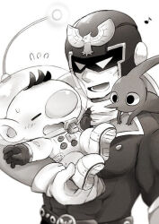 2boys alien animal_print belt big_nose bird bird_print blush buttons captain_falcon closed_eyes creature creature_on_shoulder elbow_gloves f-zero falcon flying_sweatdrops gloves greyscale helmet jacket long_sleeves looking_at_another lower_teeth_only lying monochrome multiple_boys musical_note nintendo no_mouth olimar on_shoulder on_stomach outstretched_arm patch pectorals pikmin_(creature) pikmin_(series) pointy_ears pointy_nose radio_antenna red_pikmin scarf short_hair smile space_helmet spacesuit super_smash_bros. sweatdrop teeth ukyo_(80123) upper_body very_short_hair wavy_mouth whistle yaoi