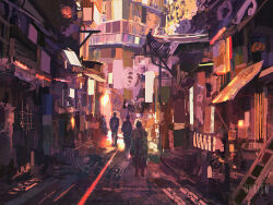 3others alley balcony city dkaism fence from_behind full_body glowing hatch ladder limited_palette multiple_others original outdoors painterly poster_(object) rooftop sign silhouette solarpunk sunrise walking