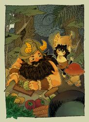 1boy 1girl beard black_hair blush_stickers brown_hair cat_girl chopping cooking creature cutting_board cutystuffy deformed dungeon_meshi dwarf facial_hair fake_horns flying_sweatdrops forest helmet highres horned_helmet horns izutsumi long_beard looking_back mustache nature senshi_(dungeon_meshi) thick_mustache very_long_beard walking_mushroom_(dungeon_meshi) wok