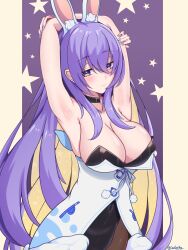 1girl absurdres animal_ear_fluff animal_ears armpits arms_up bare_arms black_choker blonde_hair blush breasts choker cleavage cosplay coubalty cowboy_shot gradient_background highres hololive hololive_indonesia large_breasts leotard long_hair looking_at_viewer moona_hoshinova multicolored_hair nail_polish purple_eyes purple_hair rabbit_ears star_(symbol) strapless strapless_leotard twitter_username two-tone_hair usada_pekora usada_pekora_(cosplay) very_long_hair virtual_youtuber white_background