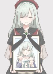 2girls absurdres against_glass bang_dream! bang_dream!_it&#039;s_mygo!!!!! beret black_choker blue_dress blunt_bangs blush choker collarbone commentary cowboy_shot crying dress dual_persona green_hair green_ribbon grey_background hand_on_glass hat highres holding holding_picture_frame iei long_hair long_sleeves mortis_(bang_dream!) mortis_(costume)_(bang_dream!) mortis_(persona)_(bang_dream!) mourning multiple_girls neck_ribbon parted_lips picture_frame plaid_clothes plaid_dress raised_inner_eyebrows red_hat ribbon short_sleeves sidelocks simple_background wakaba_mutsumi yellow_eyes zacuro