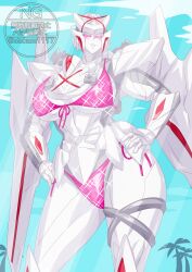 1girl absurdres bikini blush breasts colored_skin highres mecha mechanical_wings no.1_sentai_gozyuger otokamu pink_bikini purple_eyes queen queen_tegajune robot summer super_sentai swimsuit tokusatsu white_skin wings