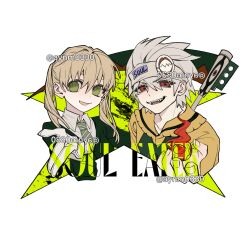 1boy 1girl :d artist_name aynm010330 bandana blonde_hair character_name copyright_name empty_eyes green_eyes green_necktie hair_between_eyes headband highres long_hair maka_albarn male_focus necktie open_mouth pale_skin red_eyes scythe sharp_teeth smile soul_eater soul_evans spiked_hair striped_necktie teeth twintails twitter_username white_hair