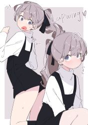 Rule 34 | 1girl, absurdres, black ribbon, blush, border, brown background, brown hair, character name, collared shirt, commentary, dress, dress shirt, hair ribbon, hashtag-only commentary, highres, lapwing (vrchat), long hair, long sleeves, looking at viewer, looking back, multiple views, outside border, ponytail, purple eyes, ribbon, shirt, sitting, sleeveless, sleeveless dress, sweat, tearing up, uruti 2388, vrchat, white border, white shirt