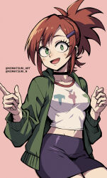 1girl black_choker black_shorts breasts bright_pupils choker commentary cowboy_shot fang foster&#039;s_home_for_imaginary_friends frankie_foster green_eyes green_jacket hair_ornament hairclip highres index_finger_raised jacket komatsuki_n long_sleeves looking_at_viewer medium_breasts medium_hair midriff navel open_clothes open_jacket open_mouth pink_background ponytail red_hair shirt shorts simple_background sitting skirt smile solo twitter_username white_shirt