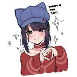 1girl four-finger_heart_hands :3 absurdres animal_ear_headwear animal_ears artist_name black_eyes black_hair blue_hat newsboy_cap choker commentary cool_mita_(miside) english_commentary english_text fake_animal_ears fingernails hat heart heart_hands highres keipup long_sleeves looking_at_viewer miside mita_(miside) no_gloves red_choker red_shirt shirt simple_background smile solo sparkle teardrop_facial_mark white_background