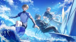 3boys aoiro_oto black_pants black_shirt black_shorts blue_eyes blue_sky brown_hair calcharo_(wuthering_waves) commentary_request day green_hair jiyan_(wuthering_waves) long_hair male_focus mechanical_arms mechanical_hands multiple_boys ocean official_art open_mouth outdoors pants ponytail shirt short_hair shorts single_mechanical_arm single_mechanical_hand sky smile surfing tacet_mark_(wuthering_waves) very_long_hair white_hair white_shirt wuthering_waves xiangli_yao_(wuthering_waves) yellow_eyes
