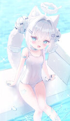 1girl ahoge angel_wings animal_ear_fluff animal_ears aqua_choker aqua_eyes black_bow bow breasts cat_ears cat_girl cat_tail choker detached_wings double_bun fang feet_out_of_frame frilled_choker frills hair_bow hair_bun hair_intakes hair_ornament hairclip halo heart heart_hair_ornament highres looking_at_viewer mini_wings old_school_swimsuit one-piece_swimsuit open_mouth original parallel_hairclips paw_print pool school_swimsuit sidelocks sitting skin_fang small_breasts smile solo swimsuit tail tenshi_kaiwai uniunibone water white_hair white_halo white_one-piece_swimsuit white_wings wings