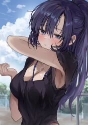 1girl armpits black_tank_top blue_archive blue_eyes blush breasts cleavage cloud highres large_breasts long_hair looking_at_viewer outdoors ponytail purple_hair saya_(mychristian2) solo sweat tank_top upper_body very_long_hair yuuka_(blue_archive)