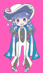 1girl :d black_bodysuit black_gloves blue_cape blue_eyes blue_hair blush bodysuit breasts cape cavalier_hat comiket_98 commentary_request covered_navel full_body gloves hat high_heels long_hair looking_at_viewer medium_breasts okosama_lunch_(sendan) open_mouth pants pink_background pointy_ears ragnarok_masters ragnarok_online round_teeth shoes simple_background smile solo suspenders teeth warlock_(ragnarok_online) white_headwear white_pants yellow_shoes