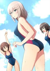 3girls akaboshi_koume blush girls_und_panzer hida_ema highres itsumi_erika looking_at_viewer multiple_girls omachi_(slabco) one-piece_swimsuit sky smile stretching sweat swimsuit