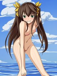 1girl arm_behind_back boots breasts brown_hair censored green_eyes grin half-closed_eyes hand_on_own_hip hand_on_own_knee huang_lingyin infinite_stratos leaning_forward nipples nude ocean seductive_gaze seductive_smile smile twintails