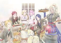 4boys 4girls alcryst_(fire_emblem) alternate_costume amber_(fire_emblem) blonde_hair blue_hair citrinne_(fire_emblem) dark-skinned_female dark_skin diamant_(fire_emblem) fire_emblem fire_emblem_engage hair_ornament hairclip high_ponytail highres holding holding_tray jade_(fire_emblem) japanese_clothes lapis_(fire_emblem) male_alear_(fire_emblem) mature_female multiple_boys multiple_girls nintendo pink_hair ponytail red_eyes red_hair saphir_(fire_emblem) toki_(xxxxxmoe1983oct) tray