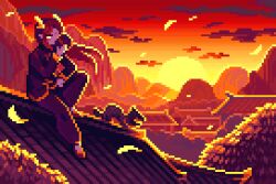 Rule 34 | 1boy, architecture, arm on knee, bian lian, chinese clothes, cloud, commentary request, dragon boy, east asian architecture, eastern dragon horns, floating hair, gradient sky, holding, holding mask, horns, hua zhuotian (shinku castle), long hair, looking at viewer, male focus, mask, monster boy, mountainous horizon, on roof, one eye covered, orange sky, orange theme, original, pants, pixel art, red hair, red pants, red shirt, red sky, red theme, shinku castle, shirt, sitting, sitting on roof, sky, solo, sun, sunset, tree, yellow eyes, yellow horns, yellow sky