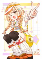 1girl ;d black_thighhighs blonde_hair bow braid brown_eyes clothes_writing commentary_request cropped_jacket double_v fujita_kotone full_body gakuen_idolmaster grid_background hair_bow hair_ornament hair_over_shoulder hairclip highres idolmaster jacket long_hair looking_at_viewer loose_socks low_twintails notice_lines one_eye_closed open_mouth orange_bow orange_shoes outstretched_arm rino_cnc shirt shoes short_sleeves shorts smile socks socks_over_thighhighs solo squatting thighhighs twin_braids twintails twitter_username v visor_cap white_background white_jacket white_shirt white_socks yellow_shorts