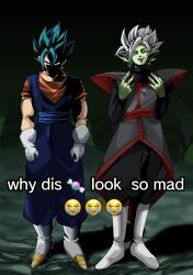 Rule 34 | 2boys, absurdres, bad id, black bodysuit, black pants, blue eyes, blue hair, blue pants, blue sash, bodysuit, boots, colored skin, dougi, dragon ball, dragon ball super, earrings, fused zamasu, gloves, green skin, grey eyes, hageta1456, highres, jewelry, jpeg artifacts, long sleeves, looking at viewer, multiple boys, muscular, muscular male, orange shirt, pants, pointy ears, potara earrings, red sash, ring, saiyan, sash, shaded face, shirt, short sleeves, spiked hair, super saiyan, super saiyan blue, vegetto, white footwear, white gloves, white hair, why dis ninja look so mad (meme)