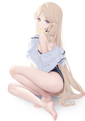 1girl absurdres bare_shoulders barefoot black_one-piece_swimsuit blonde_hair blue_eyes blush cartethyia_(wuthering_waves) facial_mark forehead_mark full_body highres long_hair looking_at_viewer off_shoulder one-piece_swimsuit pointy_ears shirt shixuexiao simple_background solo swimsuit white_background white_shirt wuthering_waves