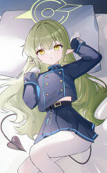 1girl absurdres belt black_belt blue_archive blue_jacket blue_skirt demon_tail gloves green_hair green_halo halo highres hikari_(blue_archive) jacket loli long_hair long_sleeves looking_at_viewer lying midriff_peek on_back on_bed pantyhose pointy_ears skirt solo tail usagi_(786113654) white_gloves white_pantyhose yellow_eyes