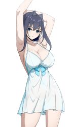 Rule 34 | 1girl, absurdres, arm behind head, arm up, blue eyes, breasts, cleavage, daydarion, highres, hololive, hololive english, large breasts, looking at viewer, nightgown, ouro kronii, short hair, virtual youtuber, white nightgown