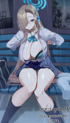 1girl :o absurdres areola_slip asuna_(blue_archive) asymmetrical_bangs bag bench black_choker blue_archive blue_bow blue_bowtie blue_bra blue_eyes blue_halo blue_ribbon bow bowtie bra breasts choker collared_shirt dress_shirt hair_behind_ear hair_over_one_eye hair_ribbon halo highres huge_breasts knees_together_feet_apart lace lace-trimmed_bra lace_trim light_brown_hair long_hair long_sleeves looking_back miniskirt mole mole_on_breast open_bra open_clothes open_shirt panties pantyshot pleated_skirt rain ribbon school_bag school_uniform see-through_clothes shiro_marimo shirt signature sitting skirt solo thighs towel unaligned_breasts underwear untying very_long_hair wet wet_clothes white_shirt