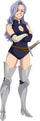1girl absurdres boots breasts cleavage_cutout clothing_cutout crossed_arms female_focus gloves highres jericho_(nanatsu_no_taizai) large_breasts nanatsu_no_taizai aged_up smile solo swimsuit sword thick_thighs thighhighs thighs weapon