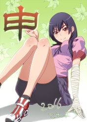 1girl 2016 bakemonogatari bandaged_arm bandages black_hair black_ribbon black_shorts blush breasts brown_eyes closed_mouth commentary_request flower foot_out_of_frame green_background hair_over_shoulder kanbaru_suruga long_hair looking_at_viewer medium_breasts minami_koyogi monogatari_(series) naoetsu_high_school_uniform neck_ribbon pink_shirt pleated_skirt puffy_short_sleeves puffy_sleeves purple_skirt ribbon school_uniform shirt shoes short_sleeves shorts shorts_under_skirt sidelocks sitting skirt smile sneakers solo