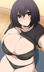 1girl absurdres black_bra black_eyes black_hair black_panties blush bra breasts choker cleavage clothes_lift curvy highres huge_breasts k_(kite) looking_at_viewer panties selfie_pose shiny_skin shirt_lift short_hair sitting solo thick_thighs thighs underwear wide_hips