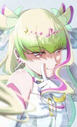 1girl bare_arms bare_shoulders blonde_hair bracelet choker cure_zukyuun dress earrings elbow_gloves finger_to_mouth floating_hair fortissimo gingham_shirt gloves gradient_hair green_hair hair_extensions hair_ornament hair_ribbon hair_tie hair_wings highres jewelry kimi_to_idol_precure long_hair looking_at_viewer looking_up mature_female multicolored_hair multiple_earrings musical_note musical_note_hair_ornament pearl_earrings pink_hair pointing pointing_up precure puffy_sleeves red_eyes ribbon shushing signature single_bare_shoulder single_elbow_glove sleeveless solo solo_focus upper_body watermark wing_hair_ornament wrist_cuffs yumomonono zooming_in