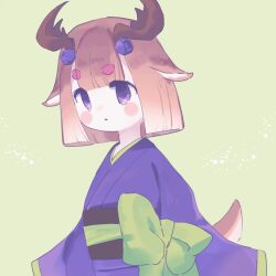 Rule 34 | 1girl, animal ears, antlers, blush stickers, cowboy shot, deer antlers, deer ears, deer girl, deer tail, green background, hair ornament, highres, horns, japanese clothes, non-web source, obi, purple eyes, re:zero kara hajimeru isekai seikatsu, sash, simple background, tail, tanza (re:zero)