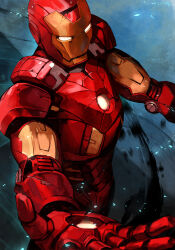 1boy armor blue_background cowboy_shot helmet hungry_clicker iron_man iron_man_(series) male_focus marvel power_armor red_armor red_helmet solo yellow_helmet