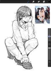 1girl ayase_momo black_choker choker closed_mouth collared_shirt crossed_bangs dandadan earrings full_body greyscale head_on_hand highres jewelry light_blush loafers long_sleeves loose_socks lukrevadraws medium_hair monochrome pleated_skirt reference_inset school_uniform shirt shoes sitting sketch skirt sleeves_past_wrists socks sweater white_background