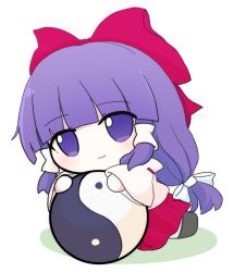 1girl azuma_meri bow brown_footwear closed_mouth commentary_request detached_sleeves fumo_(doll) hair_bow hair_tubes hakurei_reimu hakurei_reimu_(pc-98) highres light_blush long_hair orb purple_eyes purple_hair red_bow red_skirt ribbon-trimmed_sleeves ribbon_trim sidelocks simple_background skirt smile solo touhou white_background white_sleeves yin_yang yin_yang_orb